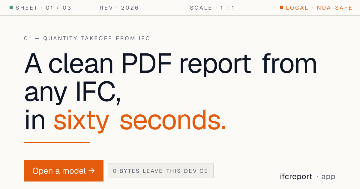 ifcreport.app — Drop an IFC file, get a PDF takeoff in 60 seconds